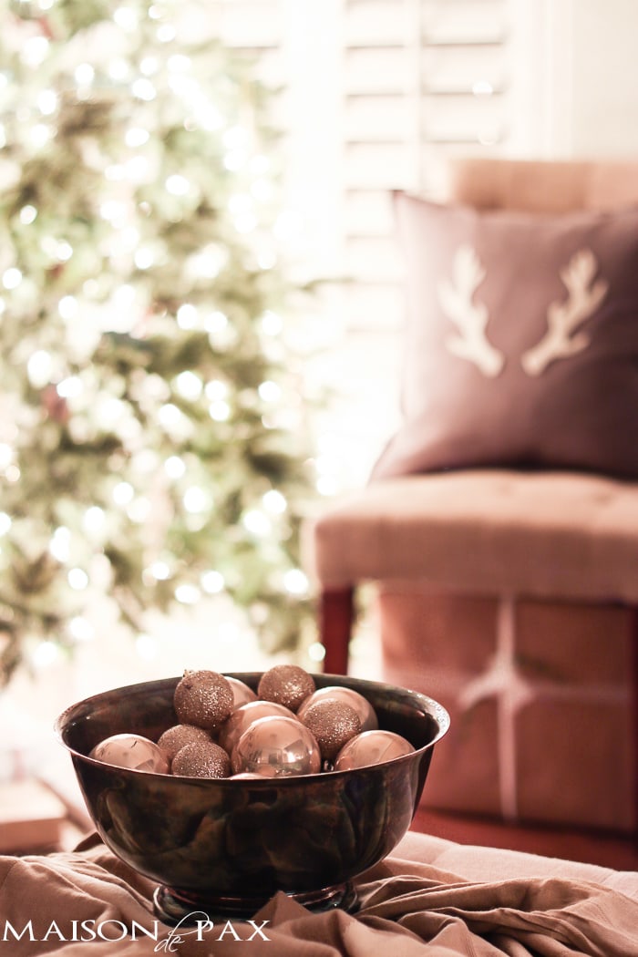 silver bowl with ornaments, antler pillow