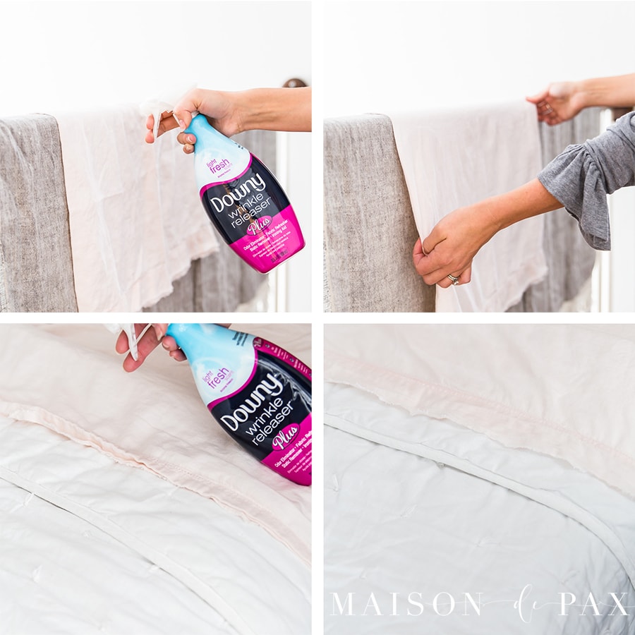 downy wrinkle releaser being used on linen sheets