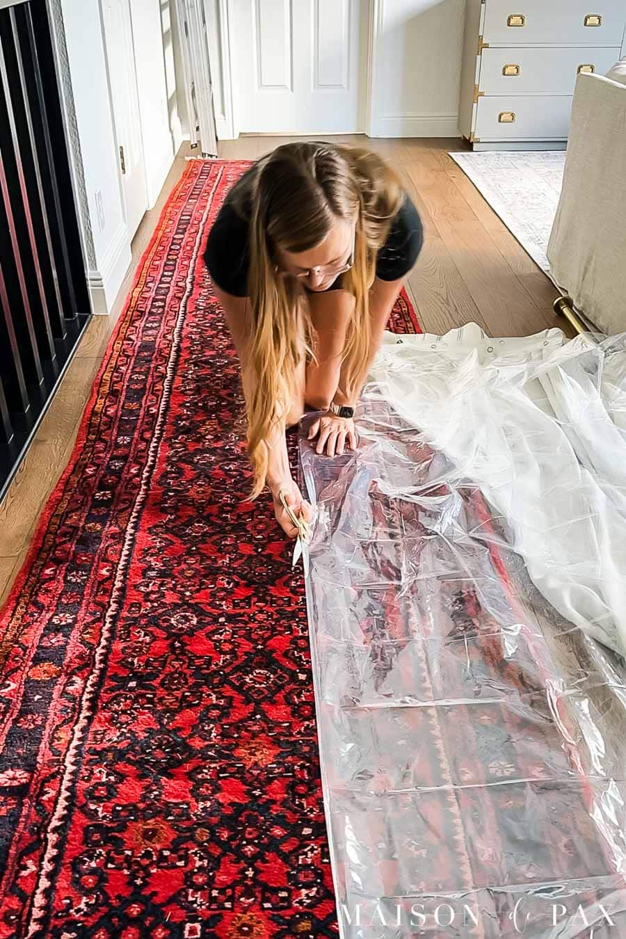 cutting plastic shower liner to match drapes used as shower curtain