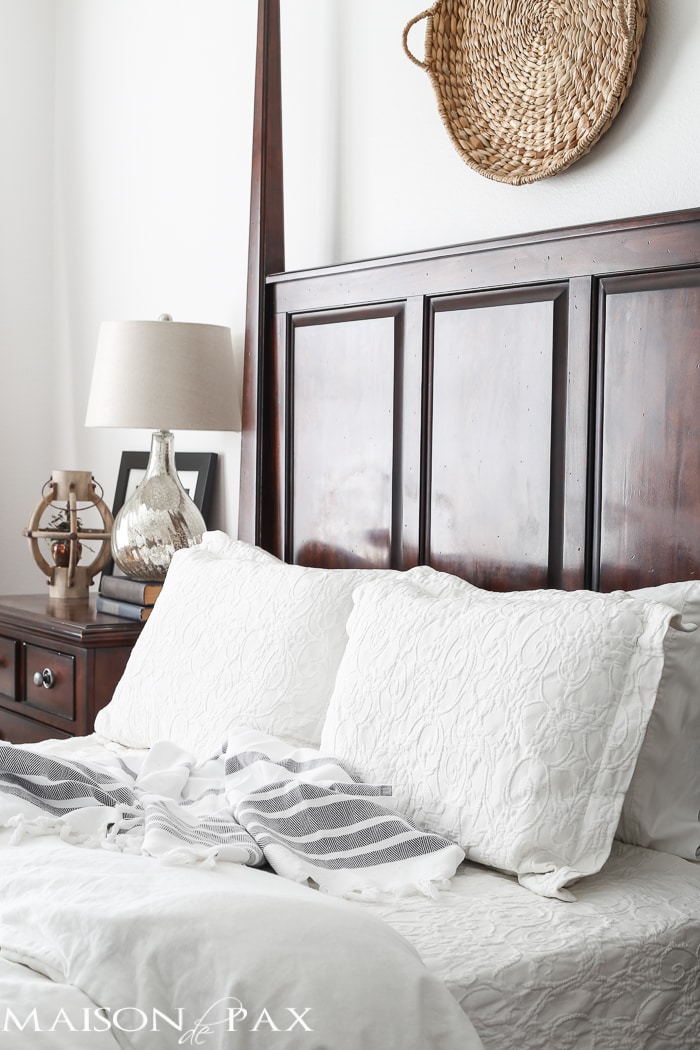 lovely, calming white master bedroom with natural wood tones and textures throughout | aiweb9ygdry.cmersite.com