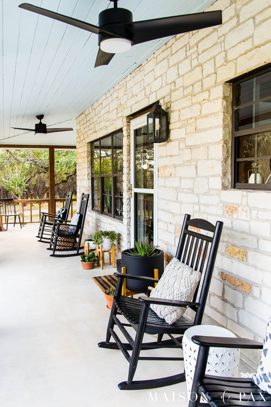 modern black porch fans and haint blue porch ceiling | Maison de Pax