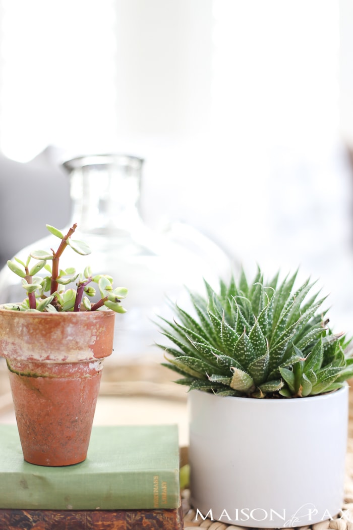 This casually elegant living room is all set to go for spring! Use these simple spring decorating ideas to get your home ready for spring.