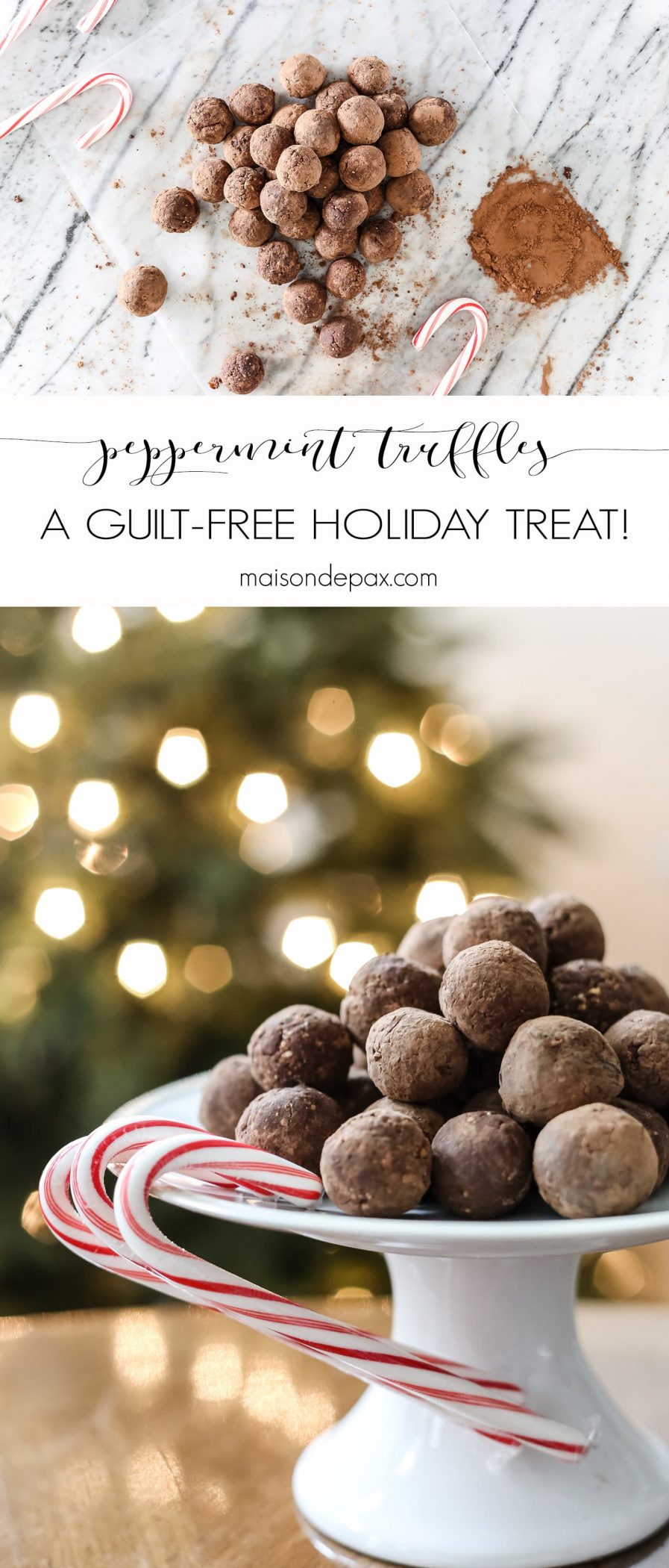 These peppermint truffles are not only delicious and decadent, they could almost be called healthy.  Packed with energy and made from dates and other natural ingredients (like a homemade Larabar), these mint chocolate bites will leave you guilt free this holiday season! #healthytreat