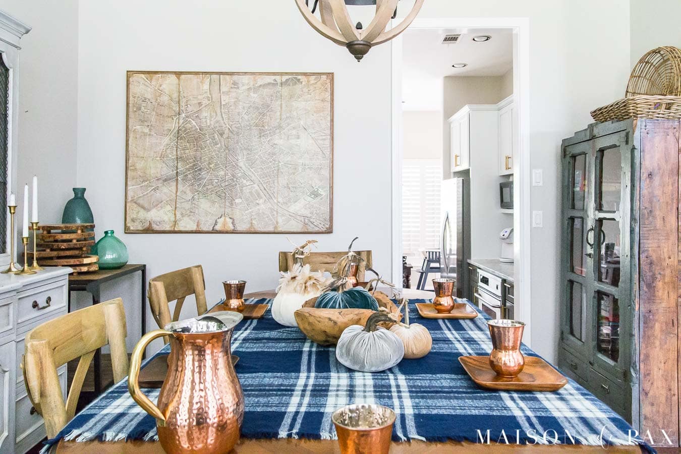blue plaid fall table with velvet pumpkin centerpiece