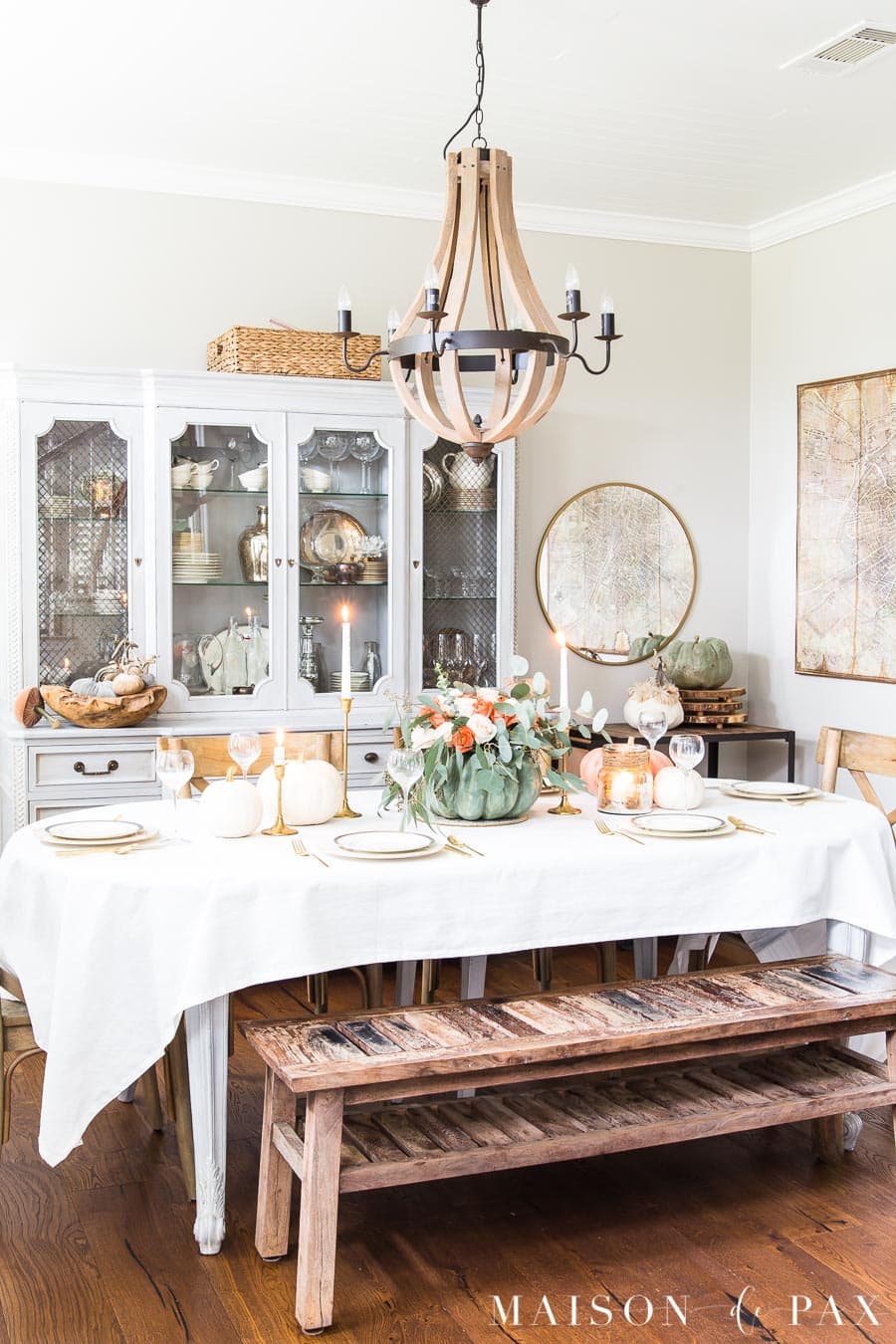 French country dining room set with an elegant Thanksgiving table.