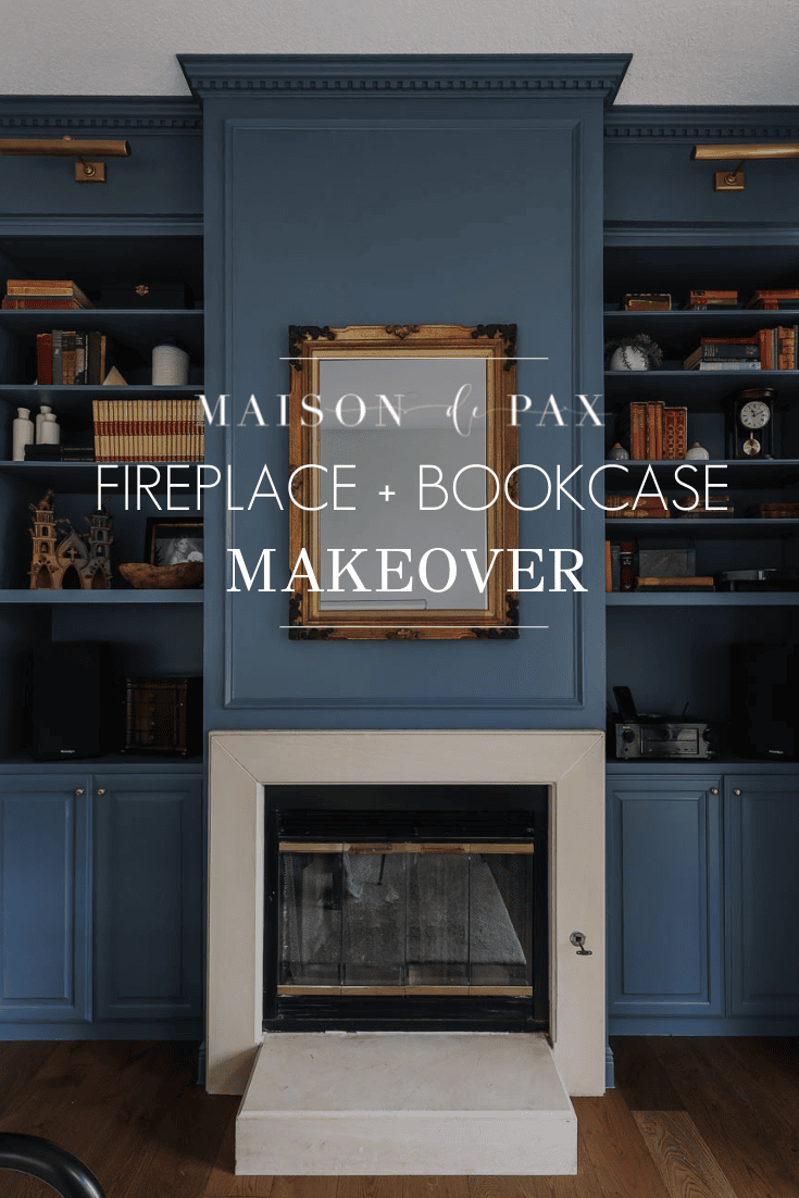 dark blue fireplace with bookcases with text overlay: fireplace + bookcase makeover