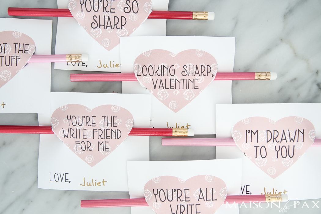 Adorable free printable valentines! These witty little candy-free valentines go on a pencil and come in 6 different sayings and 2 different colors!
