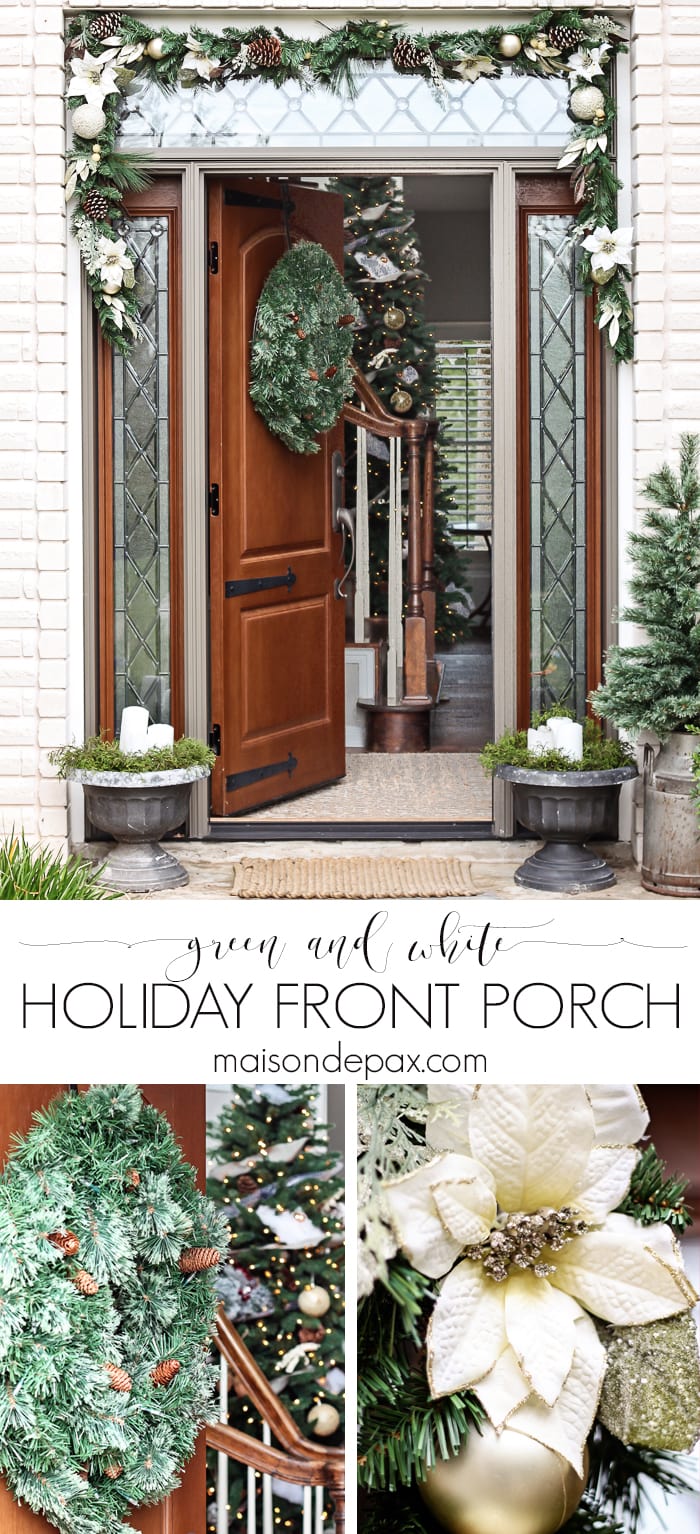 I love this simple, white and green look for the holidays! Classic greenery and white accents for a Christmas Front Porch | aiweb9ygdry.cmersite.com