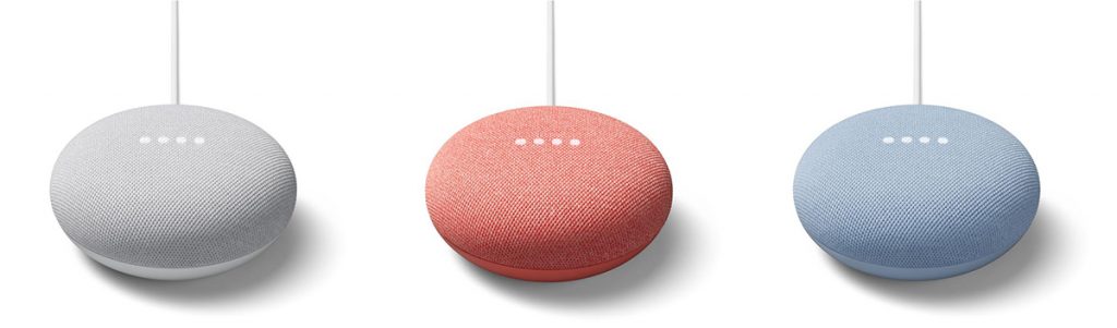 white, coral, and blue google mini speakers