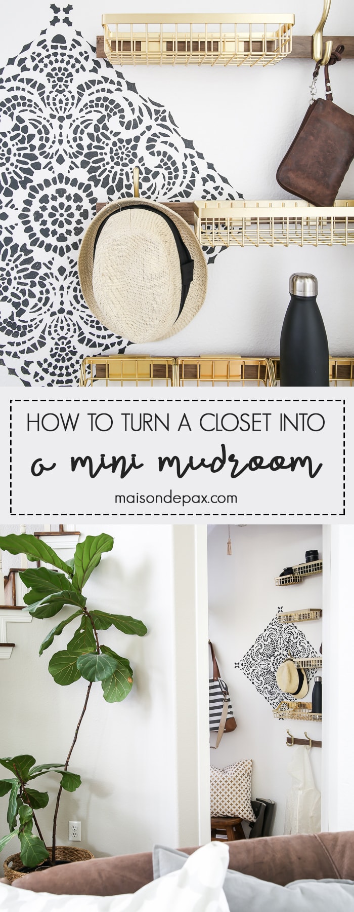 How to turn closet into mudroom: What an adorable space! Baskets and hooks turn a closet under the stairs into a functional mudroom space for a family.