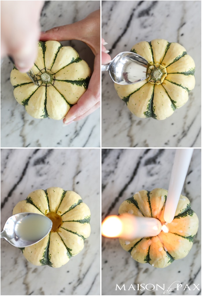 Adding candle tapers to a pumpkin for fall- Maison de Pax