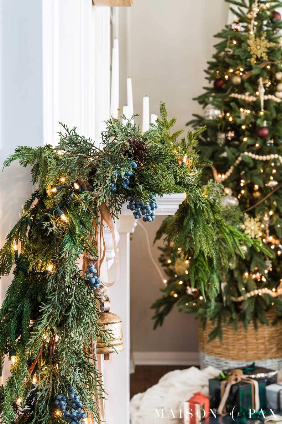 mixed cedar and pine holiday mantel garland trailing
