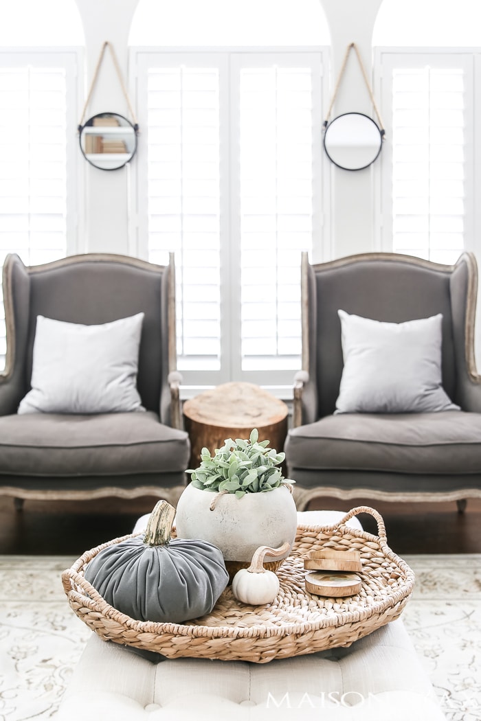 french armchairs and gray velvet pumpkins #neutralfalldecor