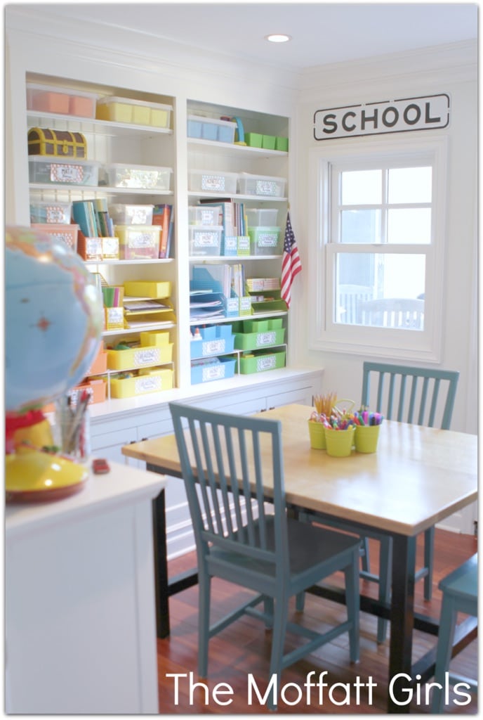 Color coded organization! Schoolrooms, book nooks, and homework spaces: Find inspiration, design ideas, and organization tips for creating a study or reading space in your home!