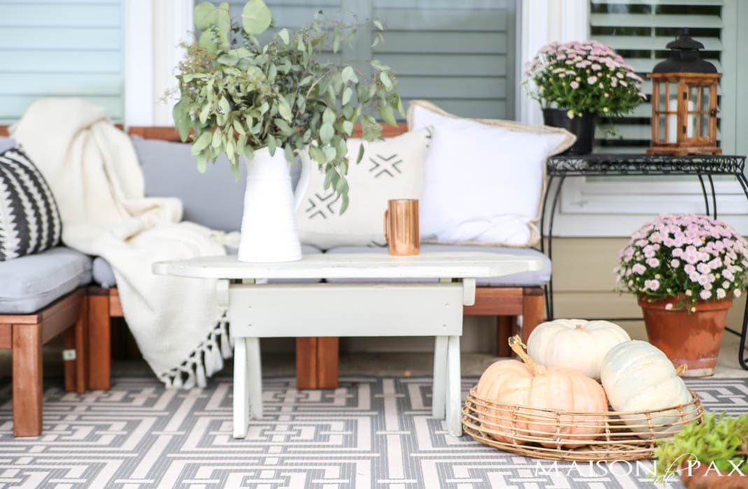 winter whites, creams, and grays with heirloom pumpkins for fall porch- Maison de Pax