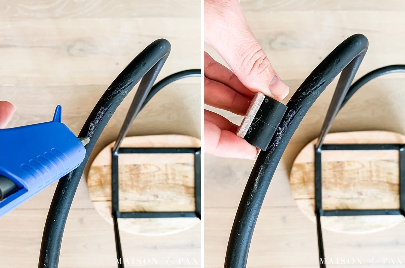 metal barstools upside down, hot gluing with plastic protectors