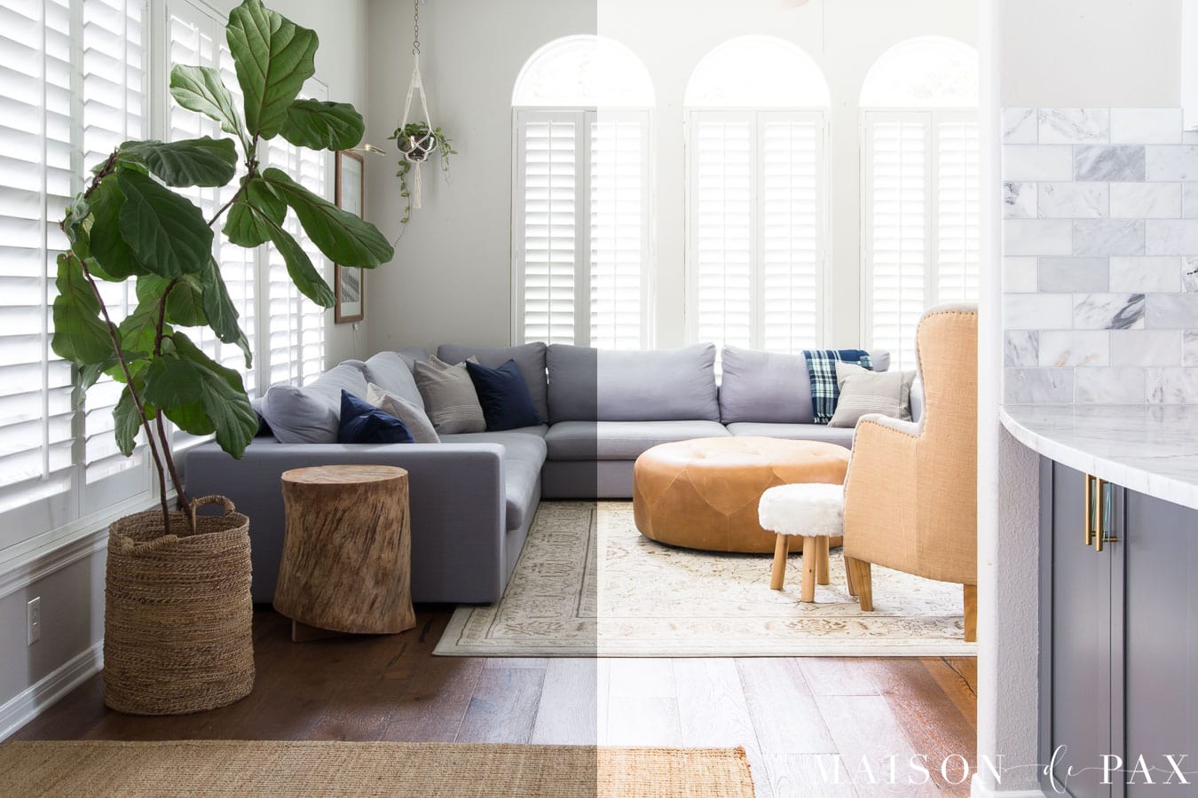 image of living room with half dull and dark and the other half bright and sharp, revealing effect of Lightroom preset | Maison de Pax