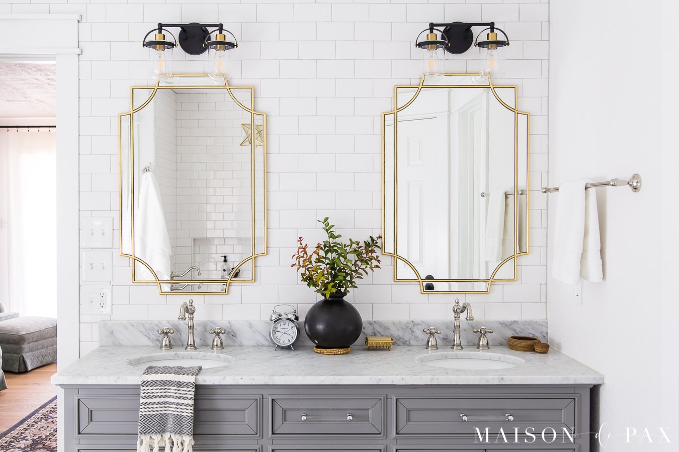 72" double vanity with marble top in master bathroom