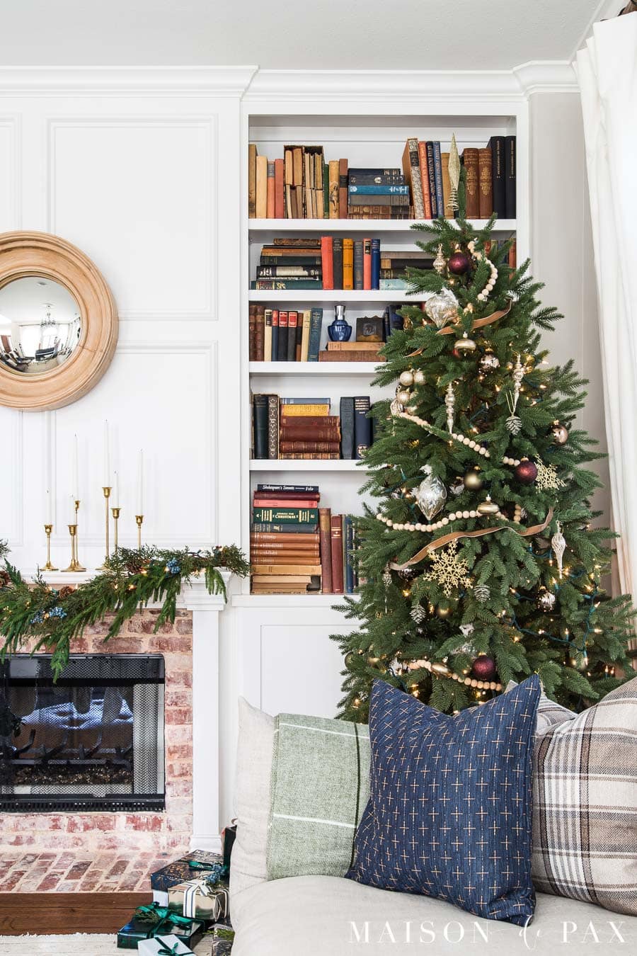 green and gold and moody blue Christmas decor