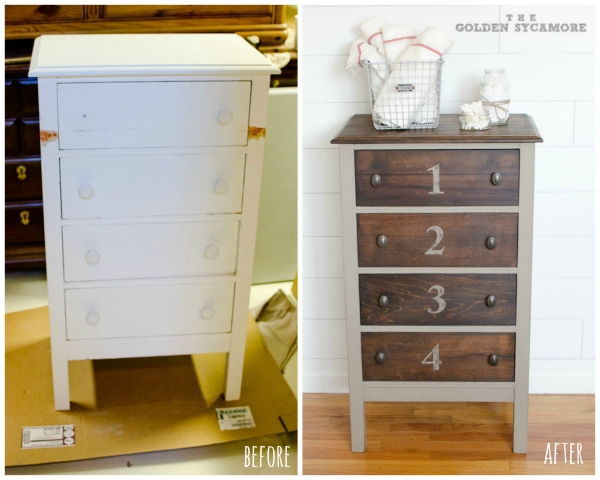 little vintage dresser before and after stained and painted with numbered drawers