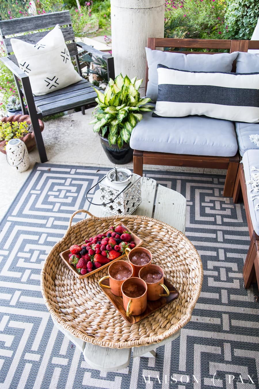 Copper mugs and outdoor living patio styled for summer- Maison de Pax