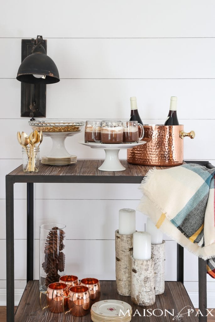 Farmhouse Holiday Bar Cart: check out this gorgeous holiday drink and dessert cart... A delicious spiked hot chocolate recipe and so many cute bar cart decorating ideas!