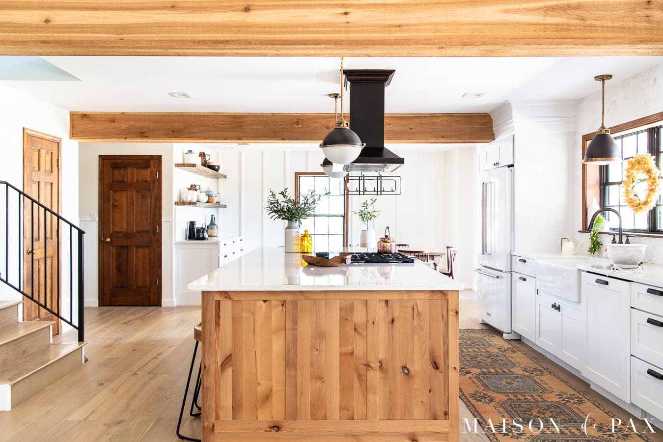 modern farmhouse kitchen wood island white cabinetry | Maison de Pax
