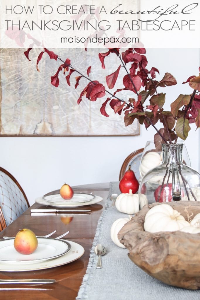 How to set a gorgeous Thanksgiving table: step by step process for a beautiful fall tablescape and gorgeous inspiration with white pumpkins, fall foliage, pears, and natural textures | aiweb9ygdry.cmersite.com