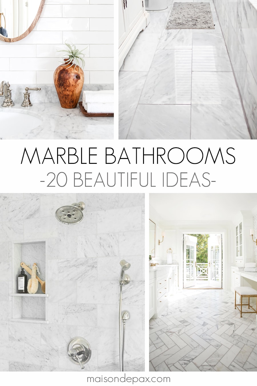 four images with marble countertops and tile in bathrooms