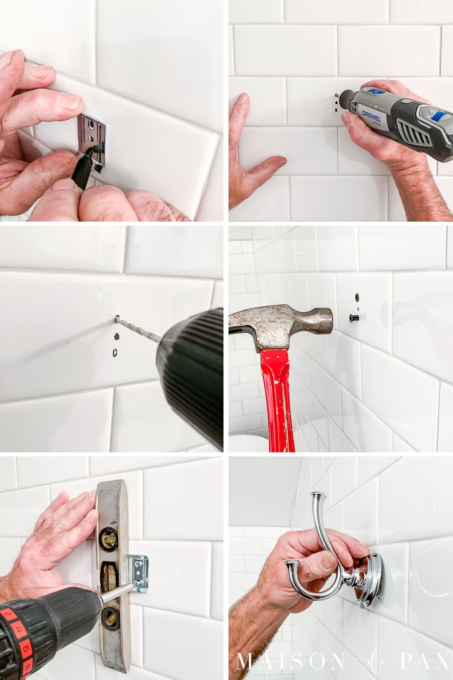 step by step pictures for drilling into tile to hang a towel hook