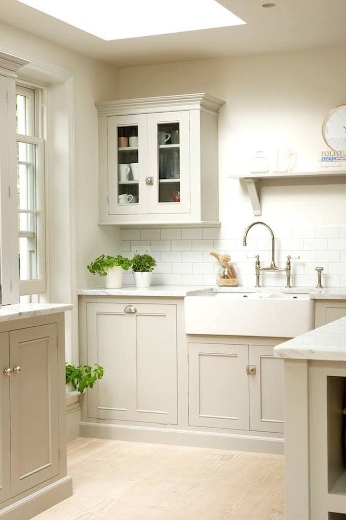 pale gray kitchen with farmhouse sink