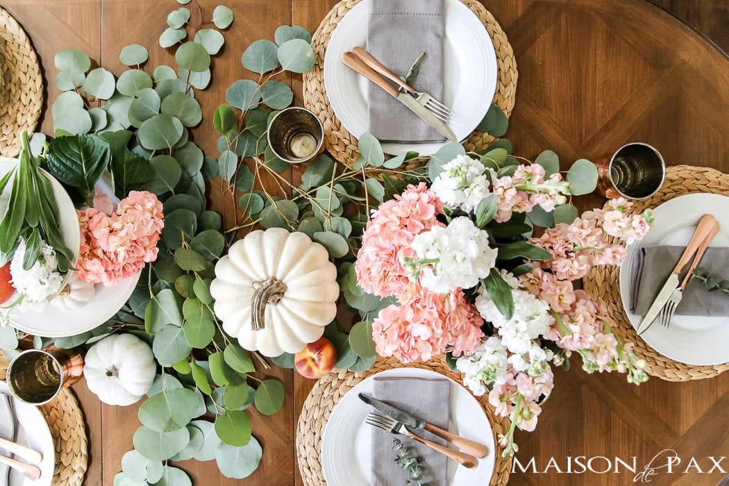 peaches and white pumpkins make a beautiful-  Maison de Pax