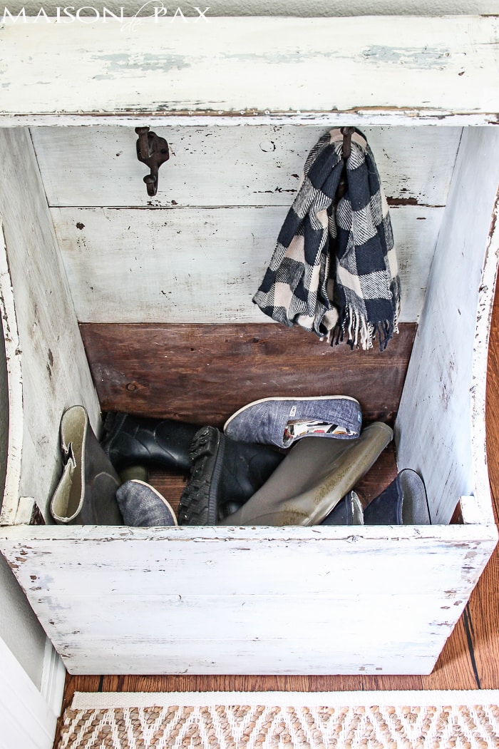gorgeous, functional entryway with an antique wood firebox used as a mini mudroom... get the plans to build this diy planked "antique" firewood box here! | aiweb9ygdry.cmersite.com