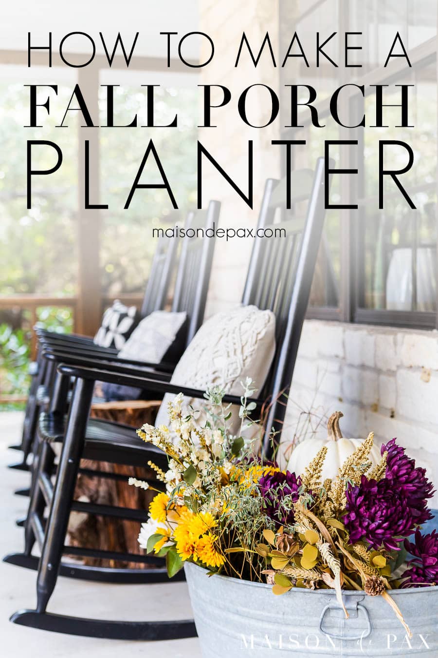 fall colored flowers in galvanized tub on farmhouse porch | Maison de Pax