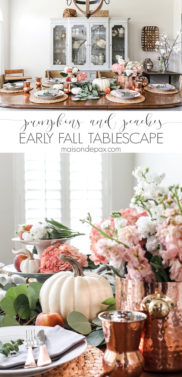 fall tablescape ideas: pumpkins, peaches, and blush hydrangeas with copper accents- Maison de Pax