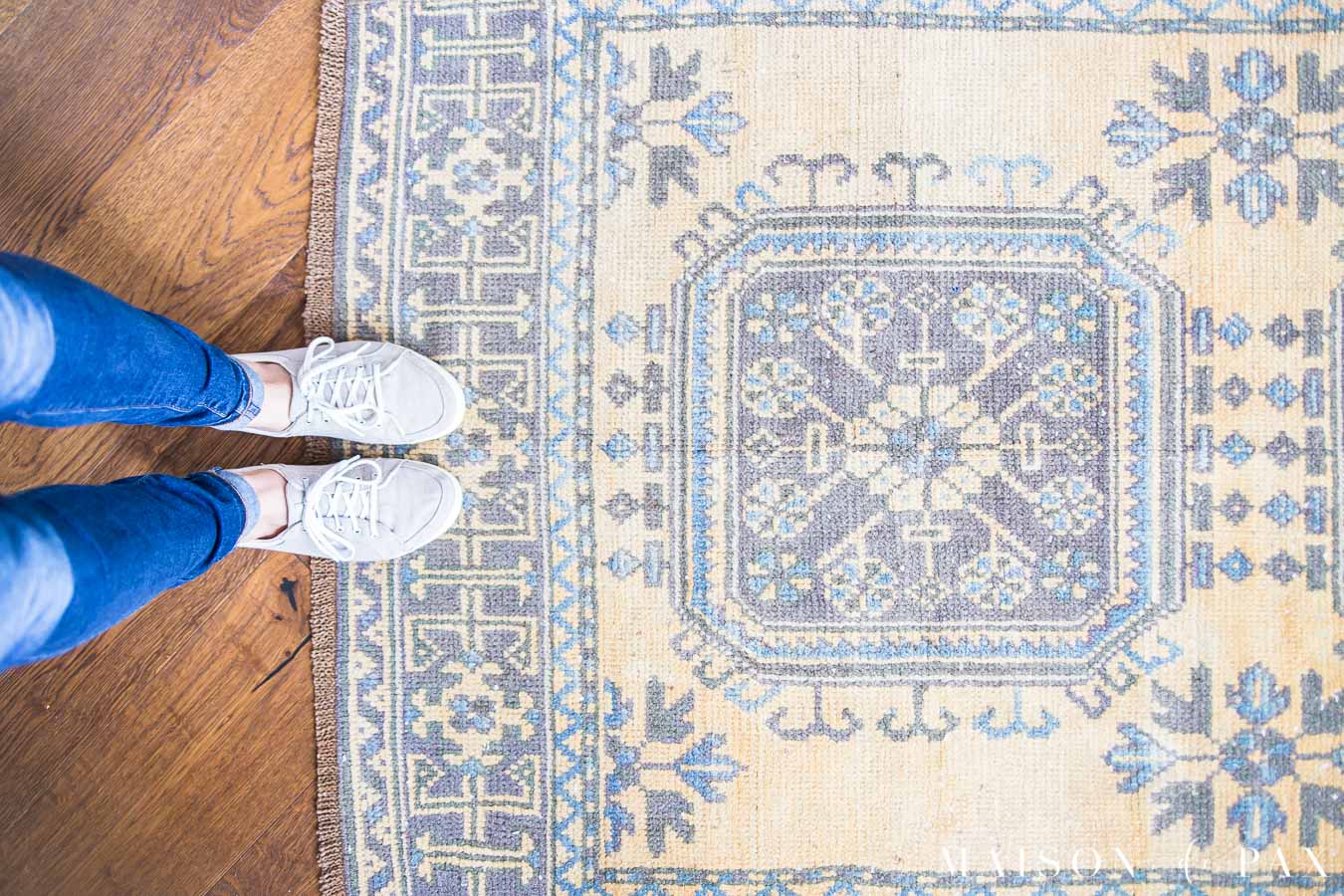 faded vintage rug Turkish runner in gold and blues