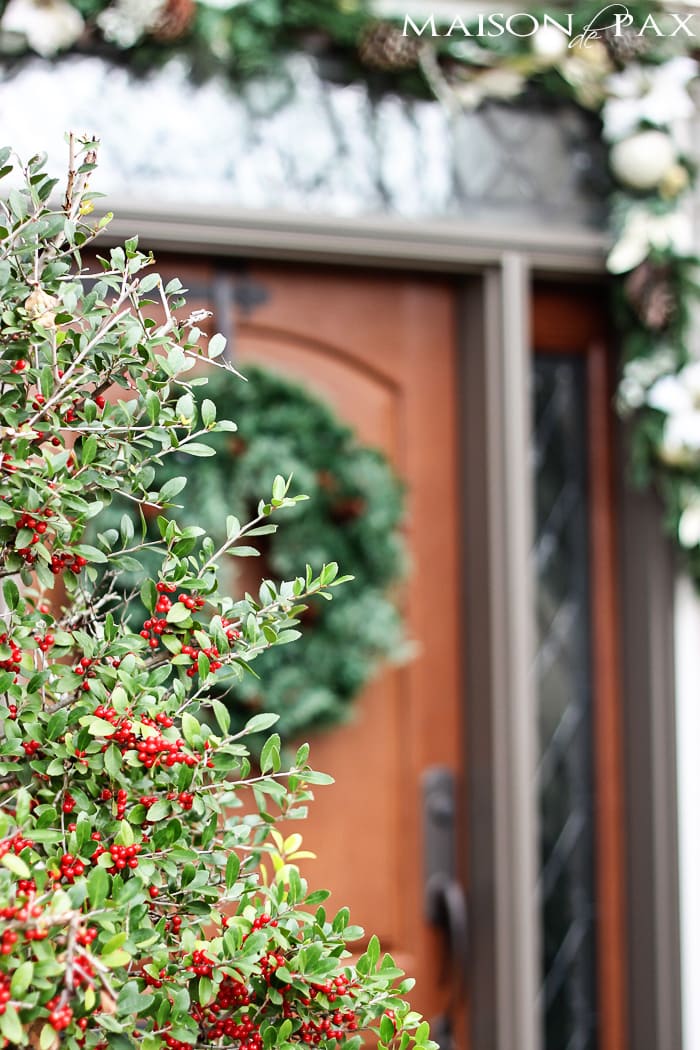 I love this simple, white and green look for the holidays! Classic greenery and white accents for a Christmas Front Porch | aiweb9ygdry.cmersite.com