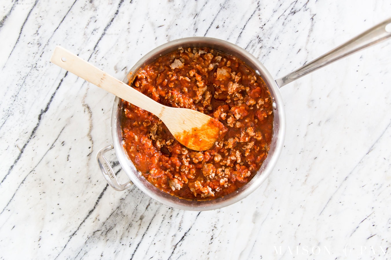 Italian sausage meat sauce in large skillet | Maison de Pax