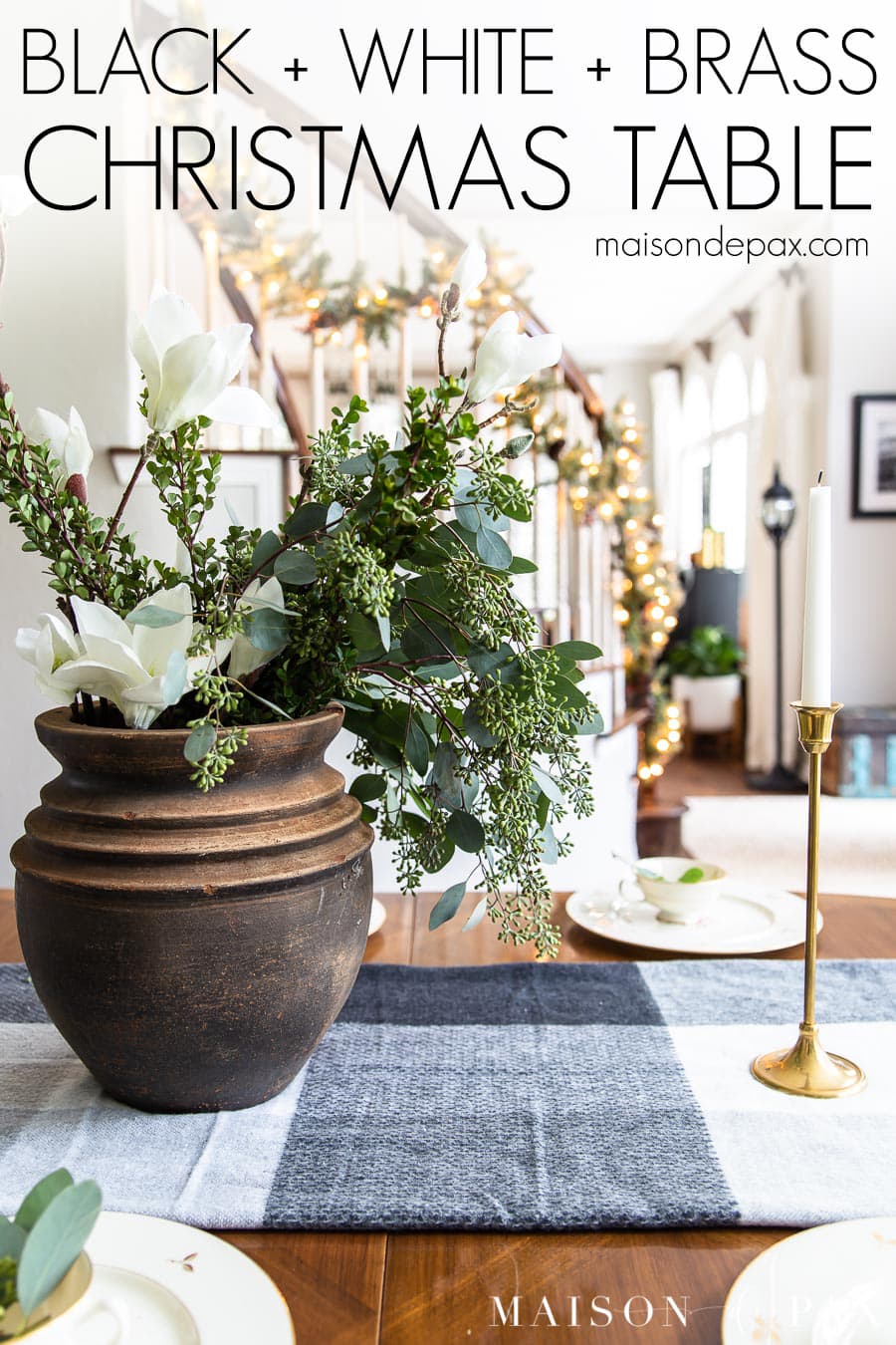 black and white plaid runner brass candlesticks formal china | Maison de pax