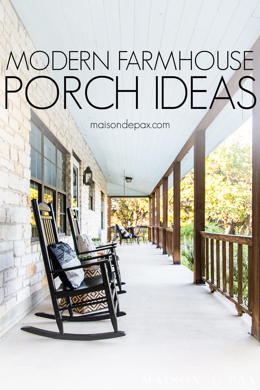 Long front porch with rocking chairs and cedar railing and text overlay: modern farmhouse porch ideas | Maison de Pax