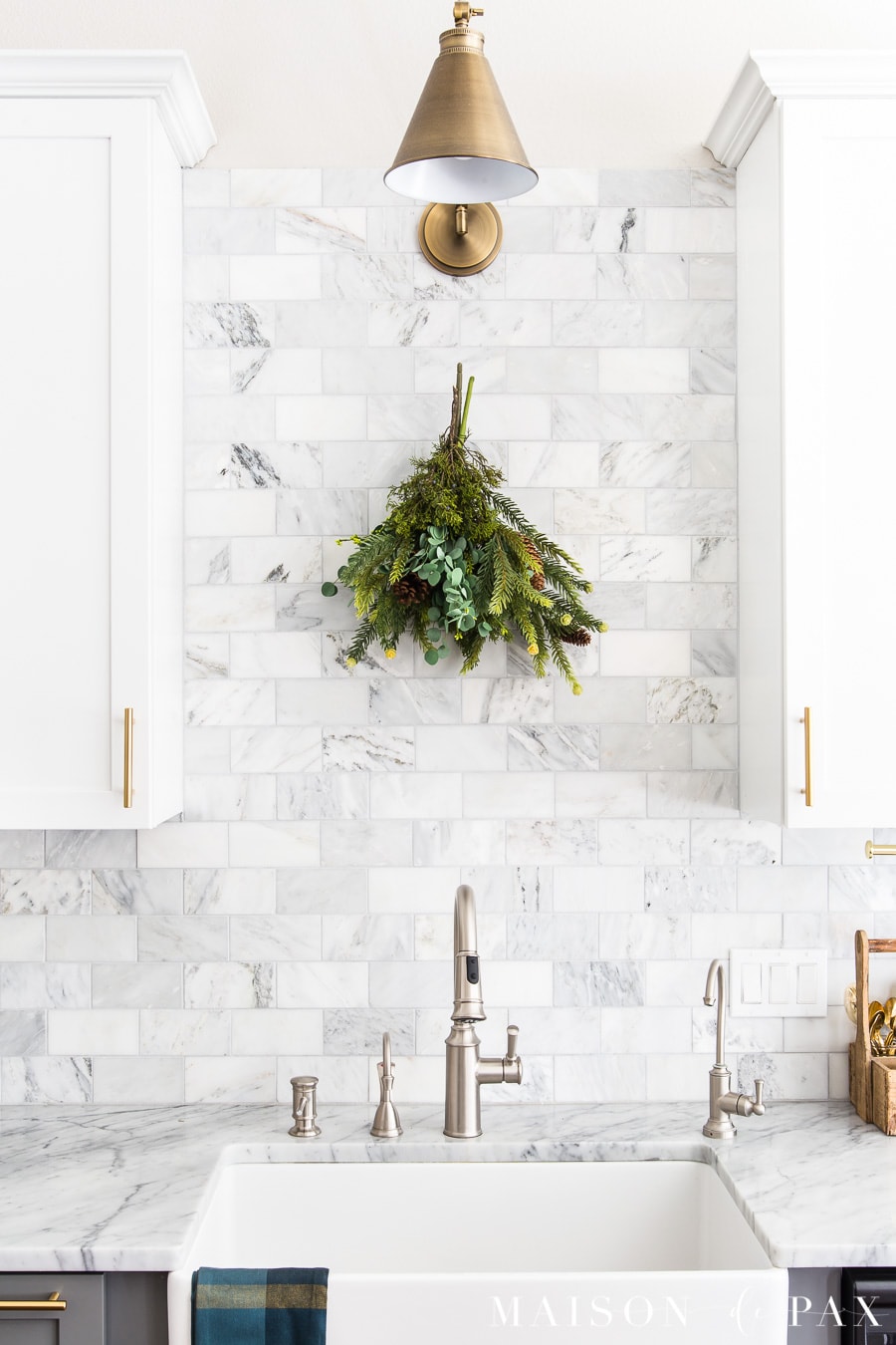 marble backsplash and marble countertops in a two toned kitchen | Maison de Pax