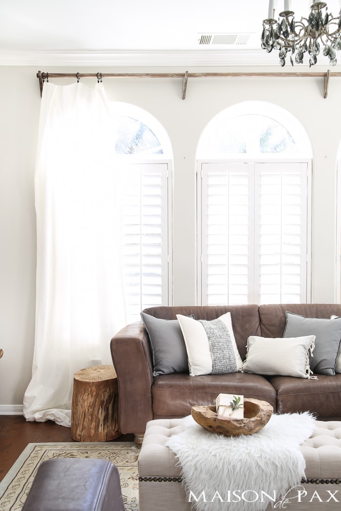 Leather couch and modern farmhouse living room- Maison de Pax