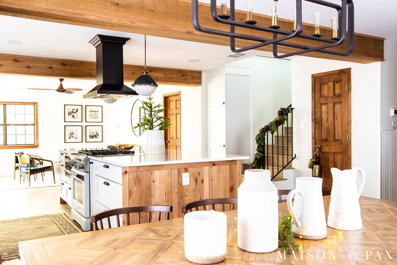 wood and white modern farmhouse open kitchen living dining | Maison de Pax