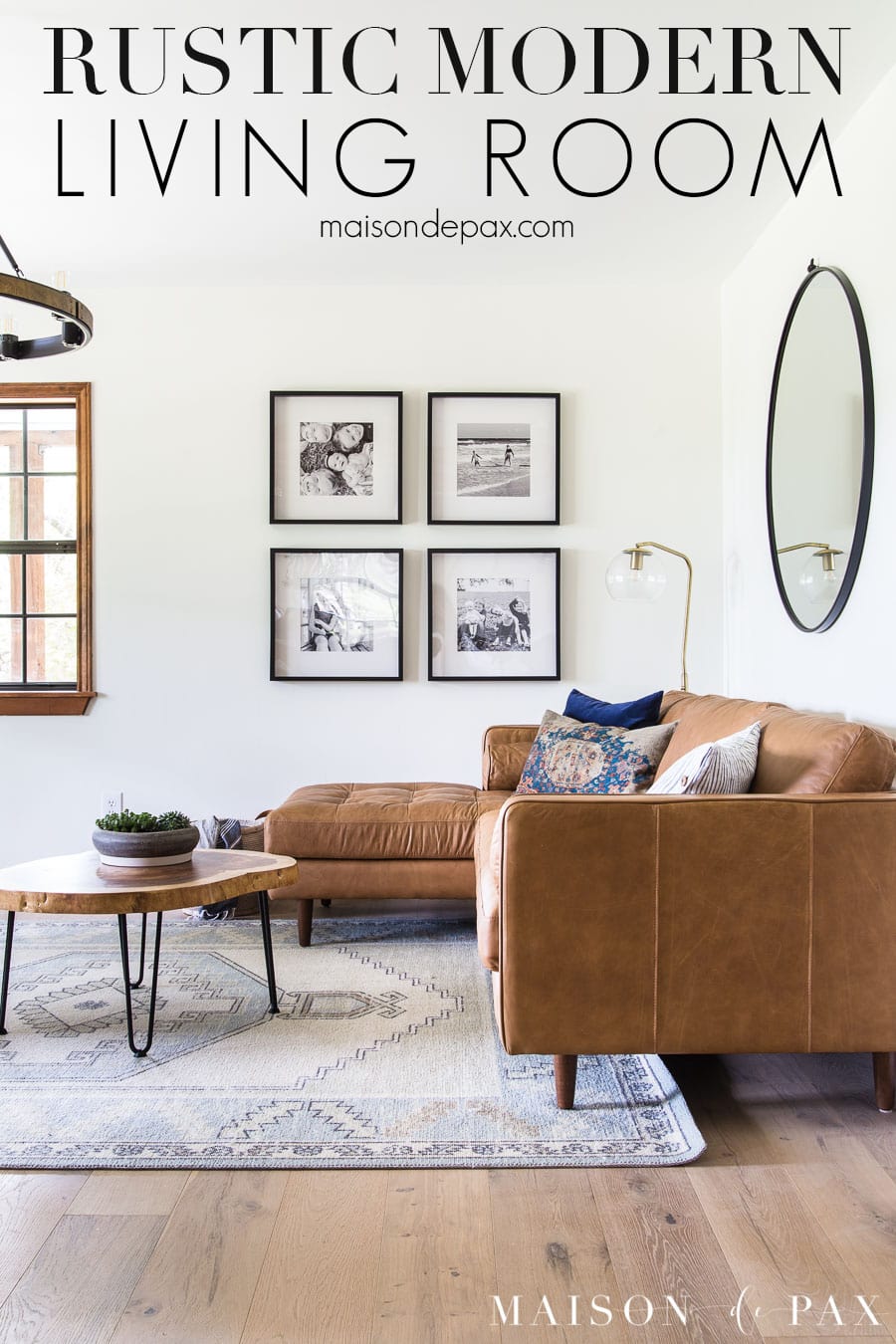 brown leather mid century sofa in rustic modern living room | Maison de Pax