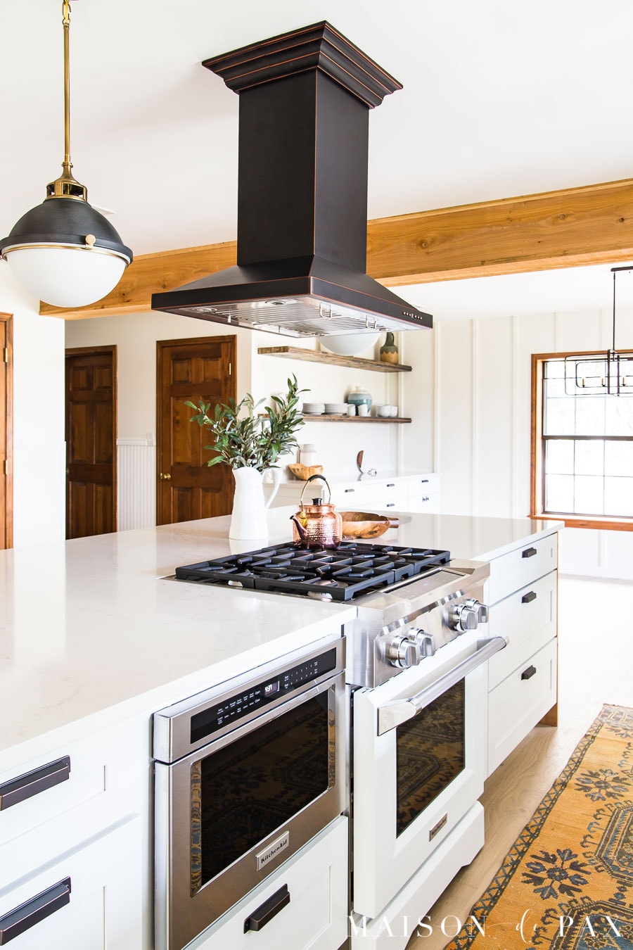 black island range hood white kitchen appliances | Maison de Pax