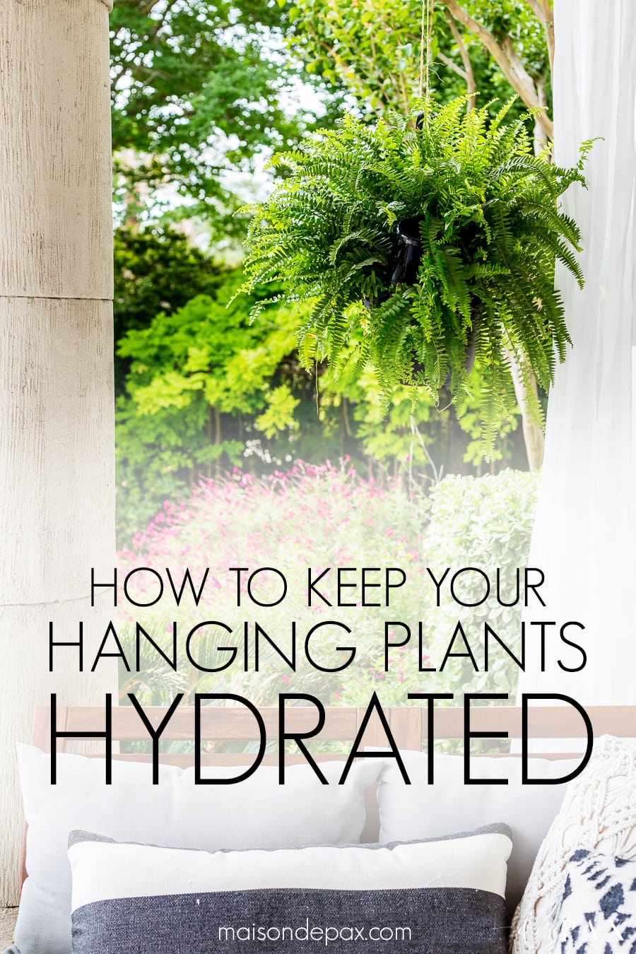 Learn how to make a wine bottle plant waterer to keep your hanging plants hydrated and your patio gorgeous this summer! #winebottlewaterer #winebottle #upcycle #garden #gardening #diygardening #hangingplants #bostonfern #summergarden