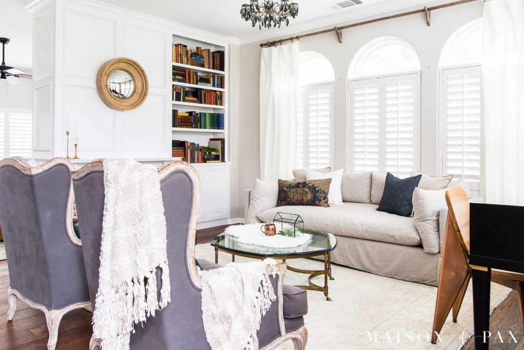 neutral living room with two armchairs and chaise | Maison de Pax
