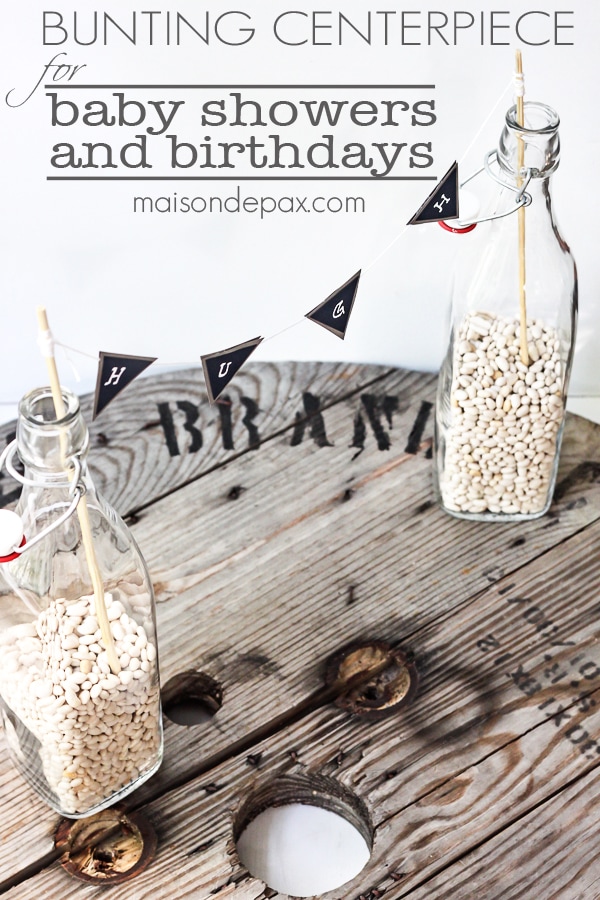 Such a cute and simple idea! This bunting centerpiece would be perfect for a baby shower, birthday party, or seasonal decor. via aiweb9ygdry.cmersite.com #kid #party #decoration #name #bunting